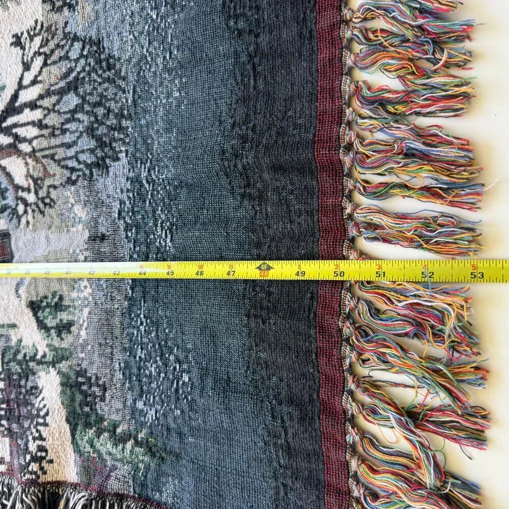 Vintage Christmas Woven Throw Blanket Winter Village Tapestry Fringe 47x53